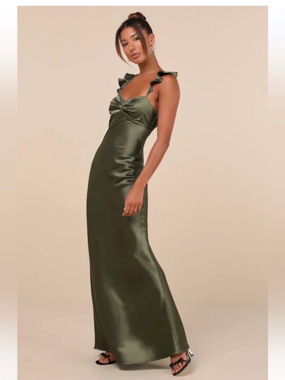 Lulus Exuberant Luxury Olive Green Satin Ruffled Lace-Up Maxi
Dress Event
